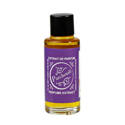 Primary Image of Patchouli Perfume Extract, A small glass bottle with an art deco label saying Patchouli Perfume Extract