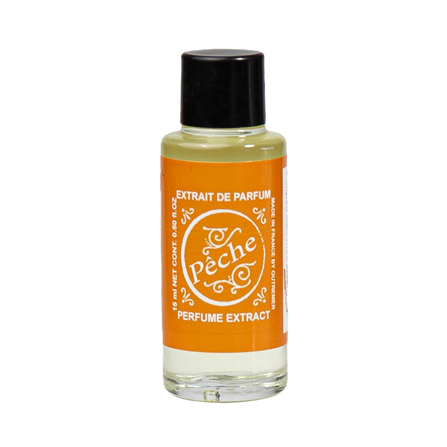 Primary Image of Peche Perfume Extract, a small glass bottle with a label that says peche perfume extract