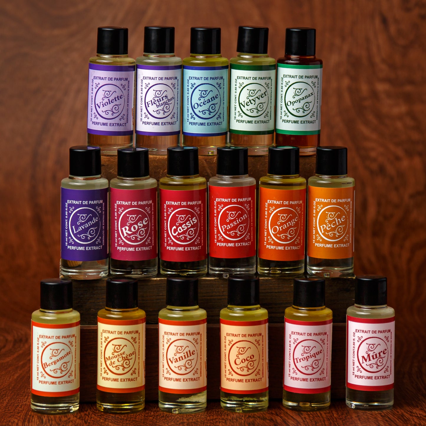Alternate Image of Outremer Perfume Extracts, small glass bottles arranged in 3 rows in a rainbow order.