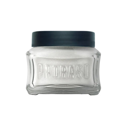 Front view of Proraso Protect Pre-Shave Cream showcasing clear glass jar with black lid on white background