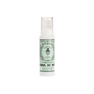 Front view of Santa Maria Novella Acqua di Rose Gel Cream in a white pump bottle with a pale green label on a white background