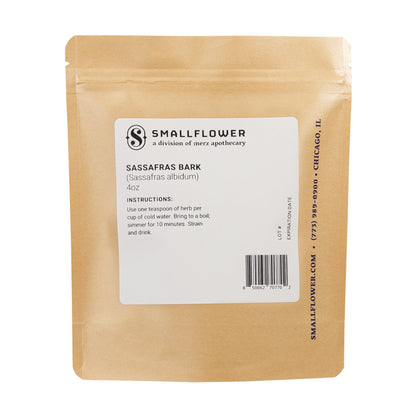 Front view of Sassafras Bark 4 oz pouch showcasing the labeled herbal bark product against a white background