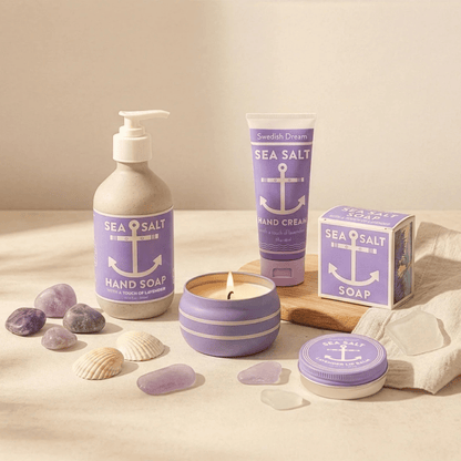 Alternate image of hand cream next to other lavender sea salt products