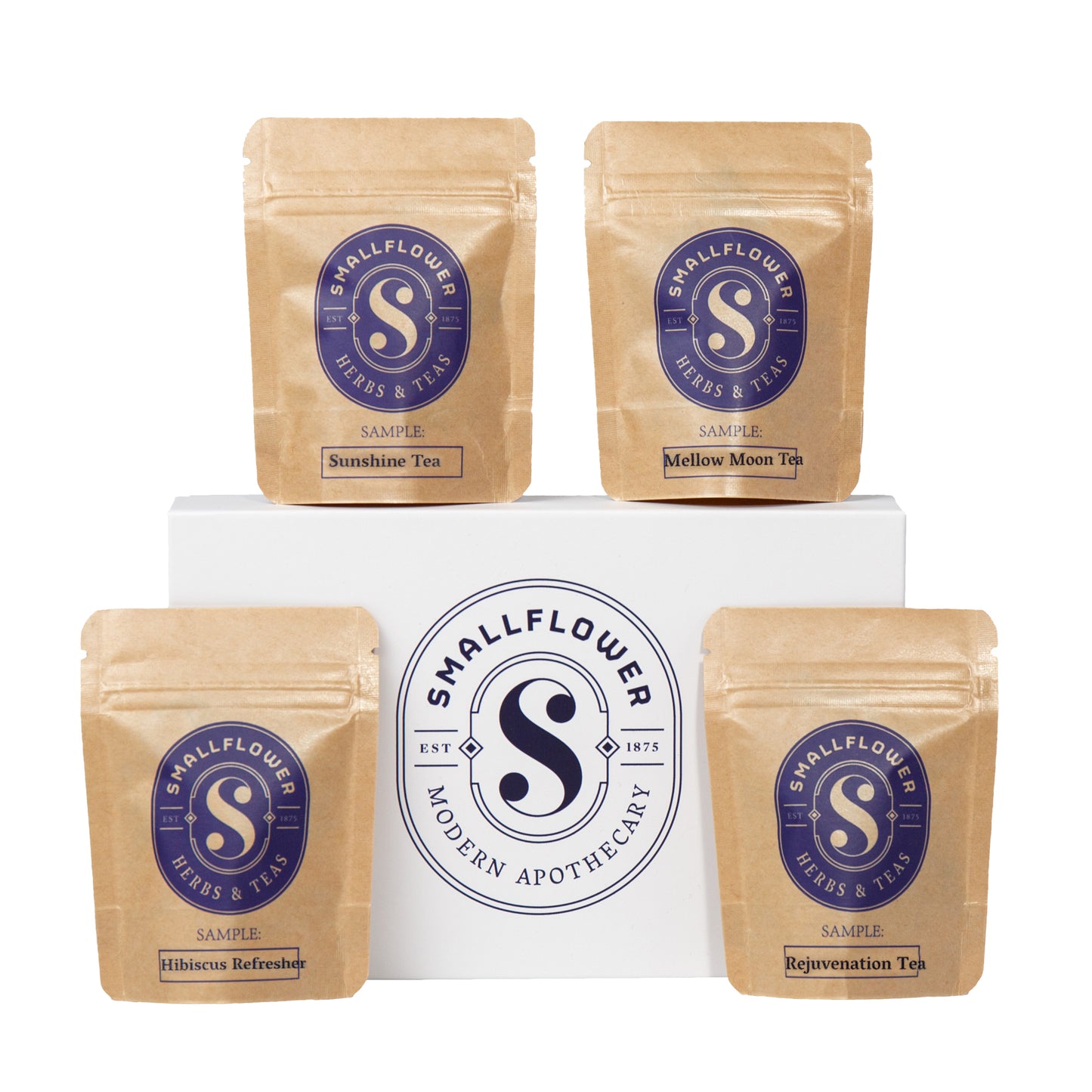 Primary Image of Vitality Blends Sampler Set, white box and 4 brown tea pouches