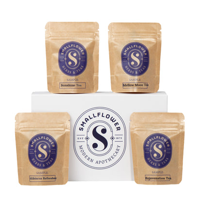 Primary Image of Vitality Blends Sampler Set, white box and 4 brown tea pouches