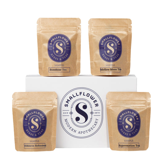 Priary Image of Vitality Blends Sampler Set, white box and 4 brown tea pouches