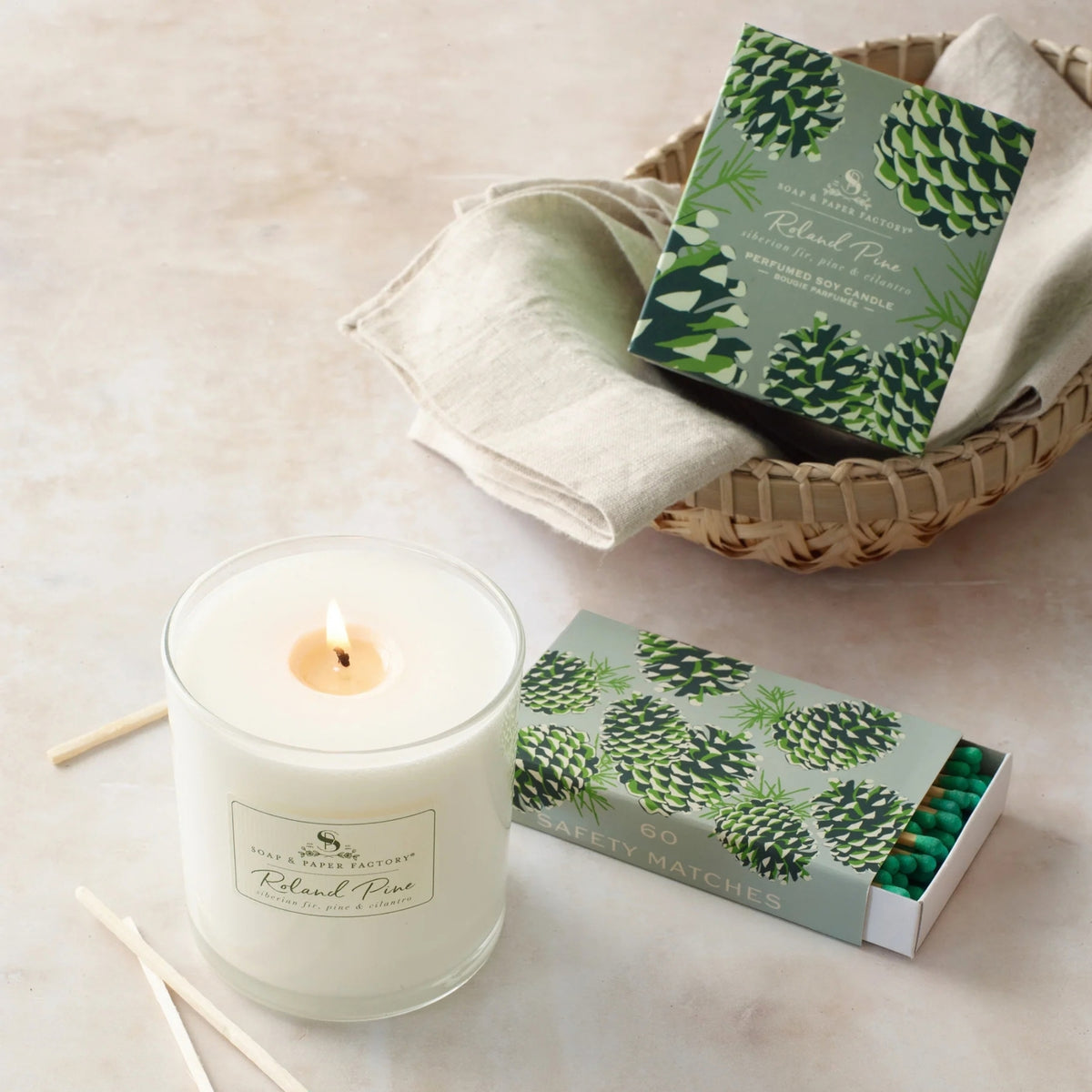 Alternate image of Soap & Paper Factory Roland Pine 9.5 oz Glass Candle & Matchbox Duo