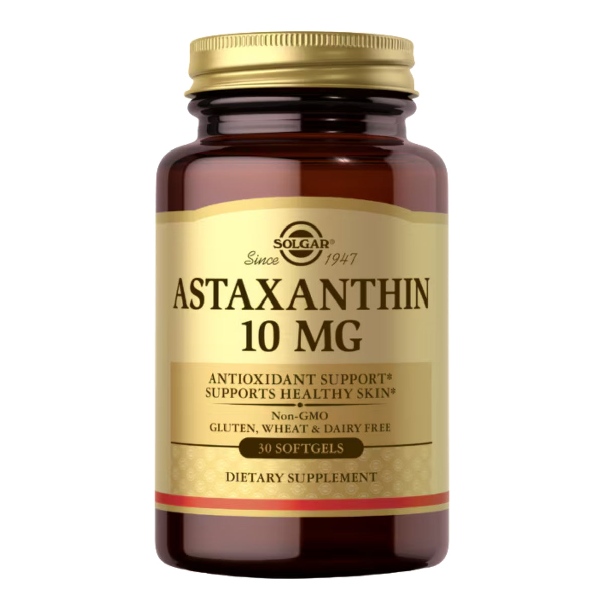 Front view of Solgar Astaxanthin 10 mg dietary supplement bottle showcasing 30 softgels on a white background