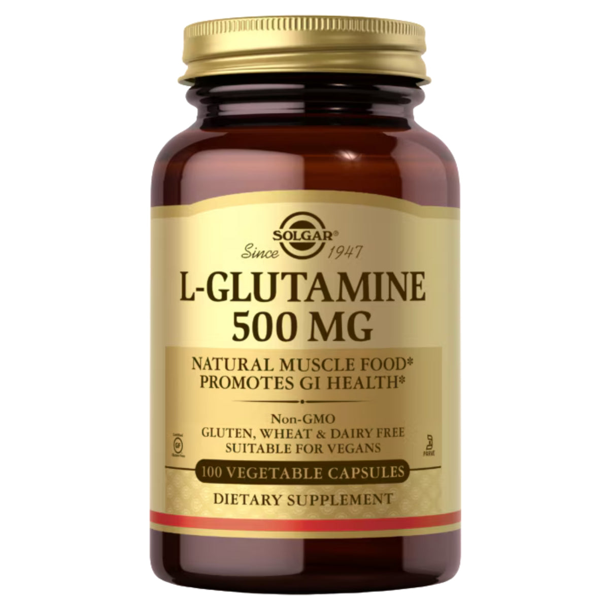 Front view of Solgar L-Glutamine 500 mg bottle showcasing 100 vegetable capsules on a white background