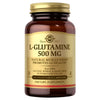 Front view of Solgar L-Glutamine 500 mg bottle showcasing 100 vegetable capsules on a white background