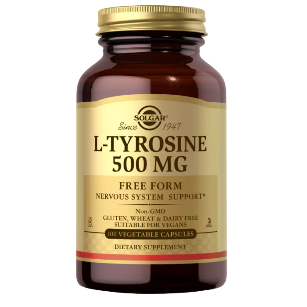 Front view of Solgar L-Tyrosine 500 mg bottle showcasing its labeled dietary supplement against a white background