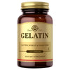 Front view of Solgar Natural Gelatin with Calcium bottle showcasing 100 capsules and gluten, wheat and dairy free label