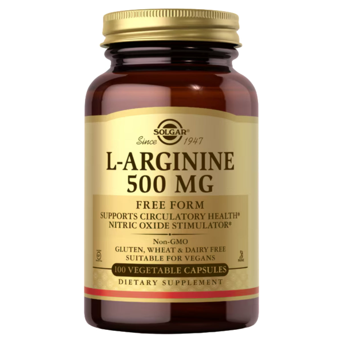 Front view of Solgar Vegetarian L-Arginine 500 mg bottle showcasing 100 vegetarian capsules with a white background