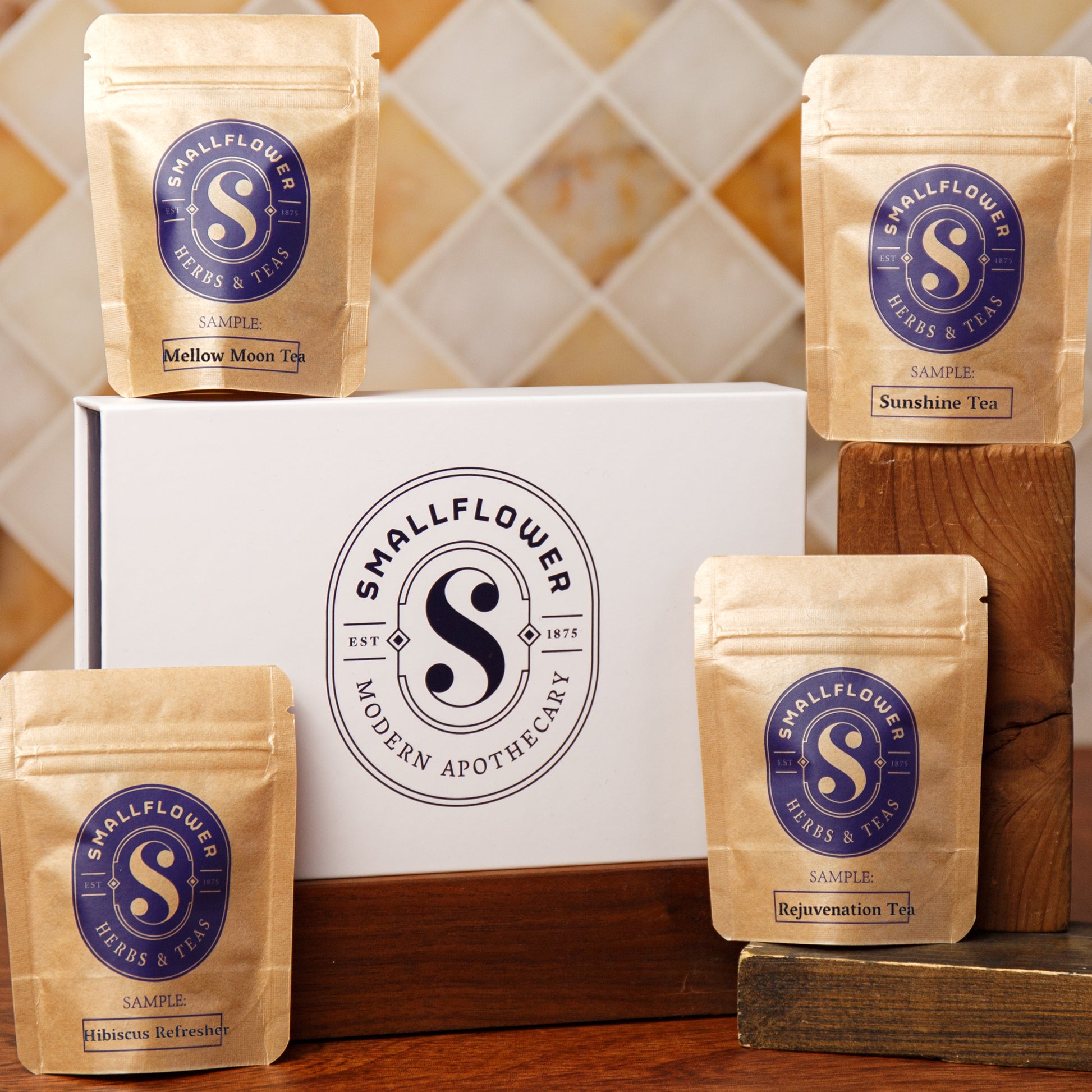Alternate Image of Vitality Blends Sampler Set, white box and 4 brown tea pouches