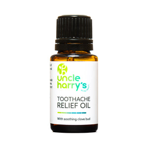 Front view of Tooth Ache Relief Oil bottle showcasing soothing clove bud with a white background