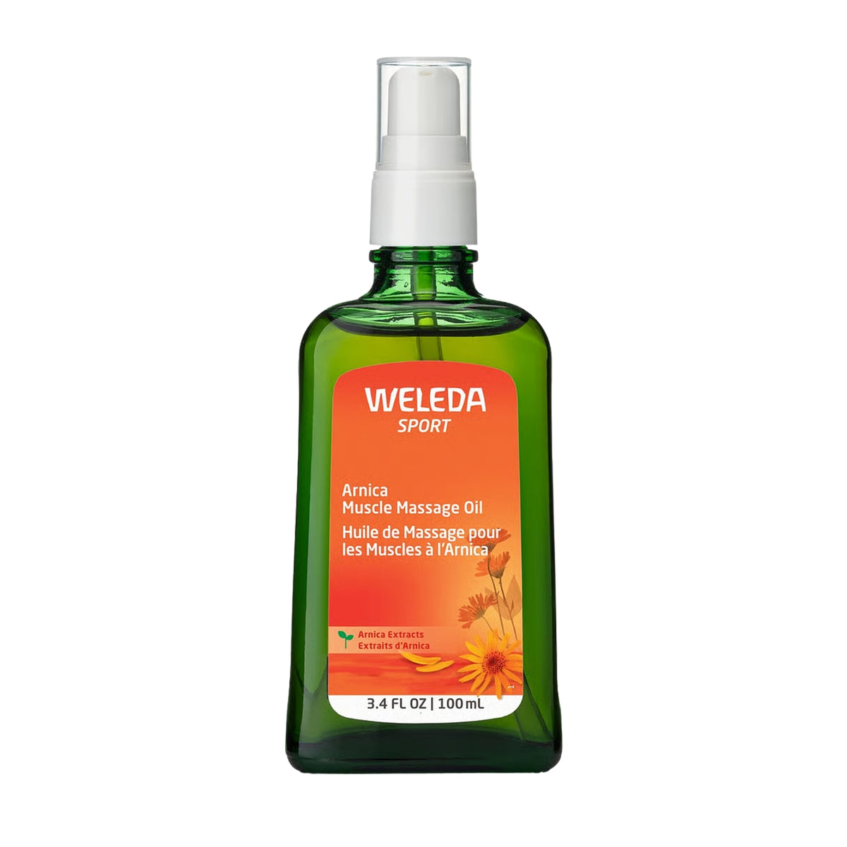 Front view of Weleda Arnica Massage Oil in a green pump bottle showcasing its floral label on a white background