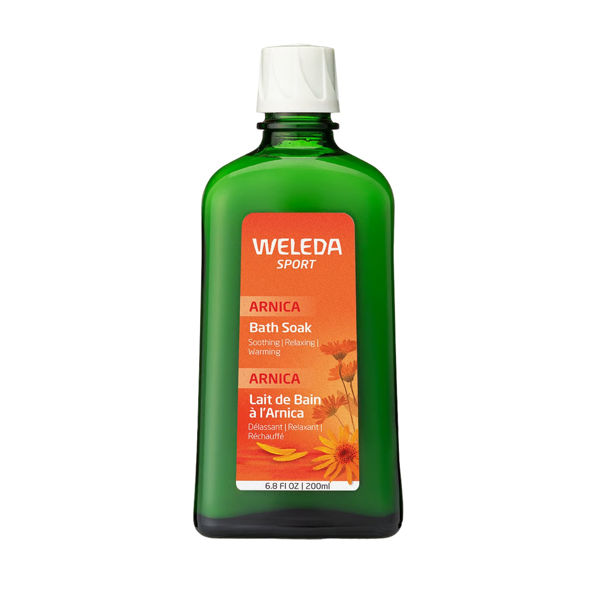 Front view of Weleda Arnica Muscle Soak bottle showcasing green packaging and 6.8 fl oz size on a white background