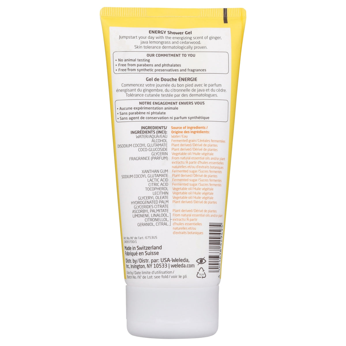Rear view of Weleda Aroma Essentials Energy Shower Gel showcasing ingredients and product claims with a white background