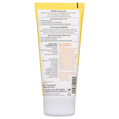 Rear view of Weleda Aroma Essentials Energy Shower Gel showcasing ingredients and product claims with a white background