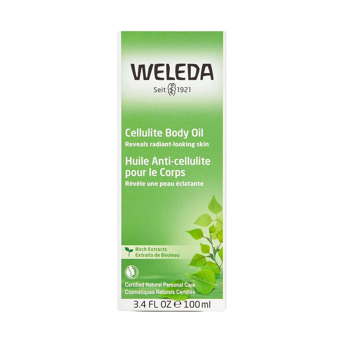 Front view of Weleda Birch Cellulite Oil showcasing Birch Extracts and 3.4 fl oz packaging on a white background
