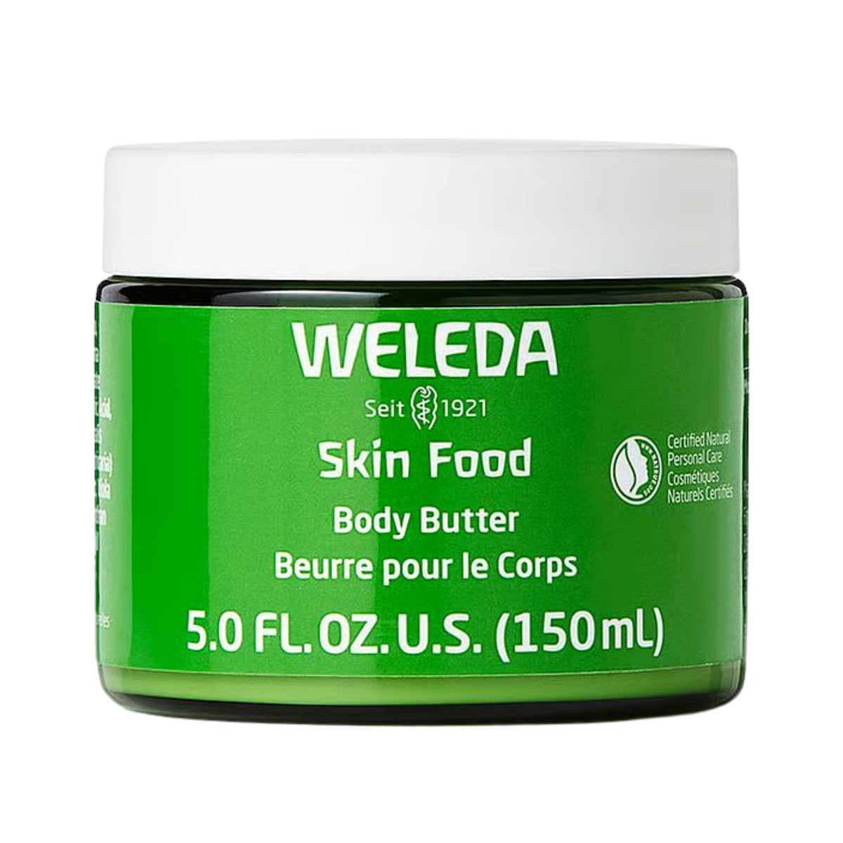 Front view of Weleda Skin Food Body Butter jar showcasing its green label and white lid on a white background