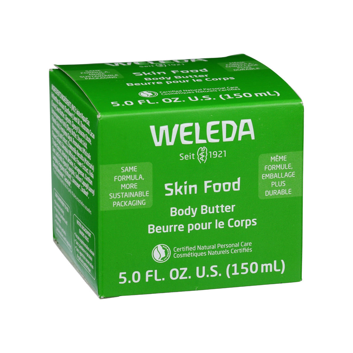 Three-quarter view of Weleda Skin Food Body Butter box showcasing green packaging and 5.0 fl oz size against a white background