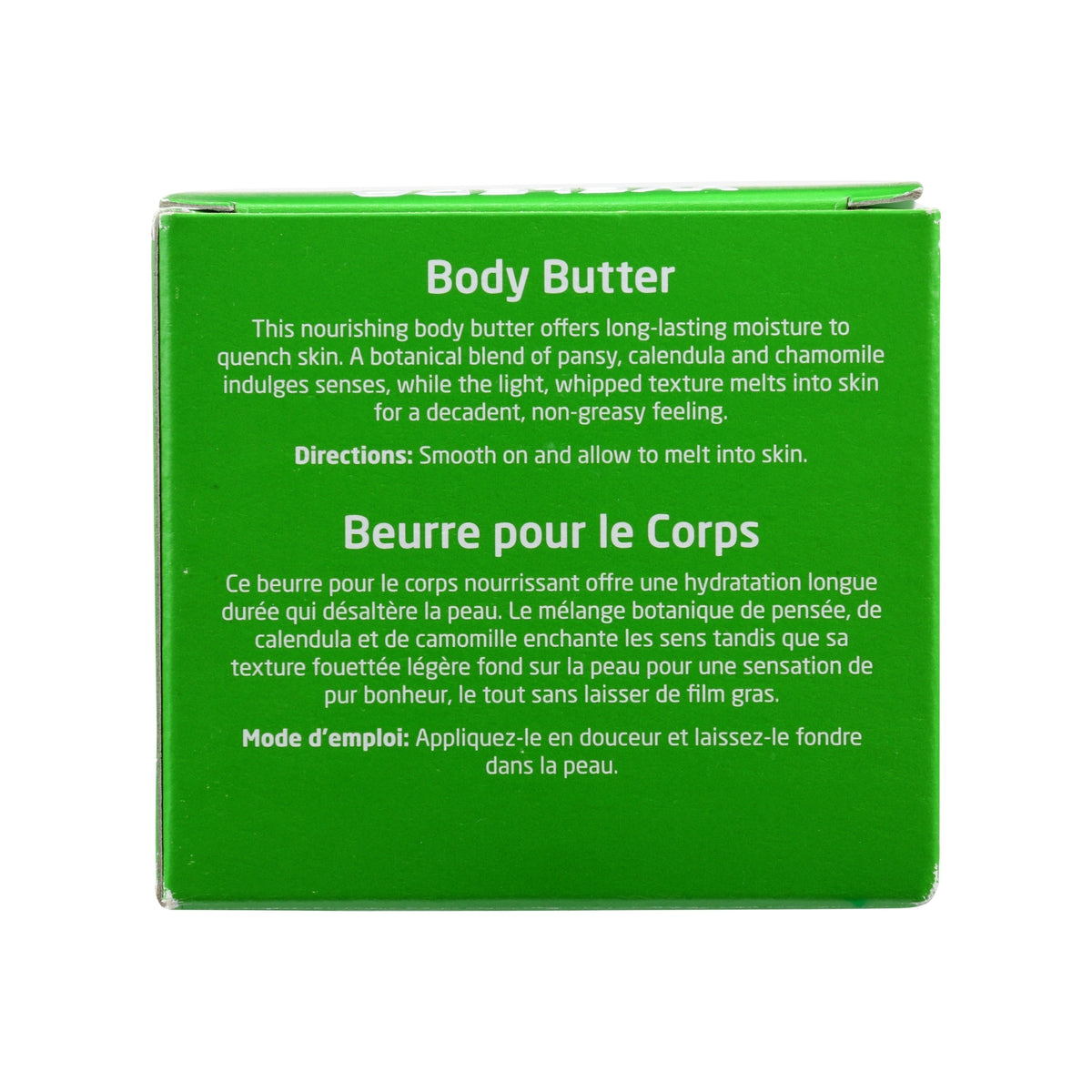 Rear view of Weleda Body Butter Skin Food box with botanical blend and directions on green packaging