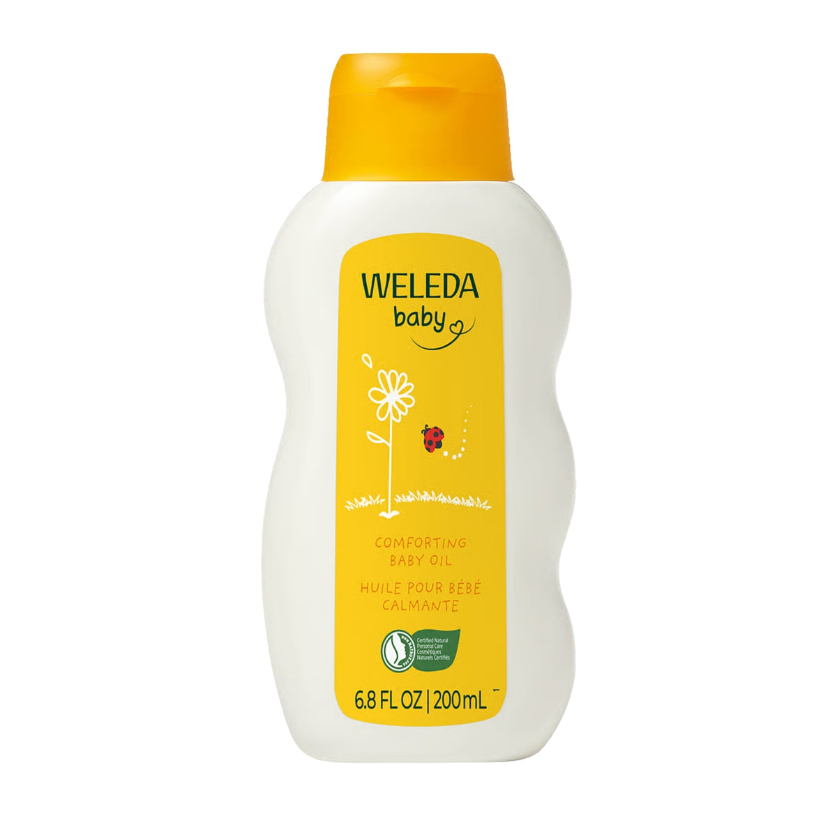 Front view of Weleda Calendula Baby Oil showcasing its yellow cap and calendula label with a white background