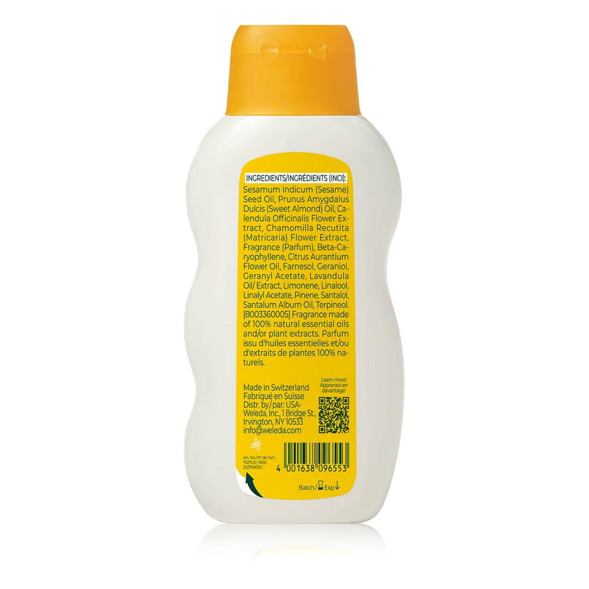 Back view of Weleda Calendula Baby Oil bottle showcasing the yellow ingredient label and yellow cap on a white background