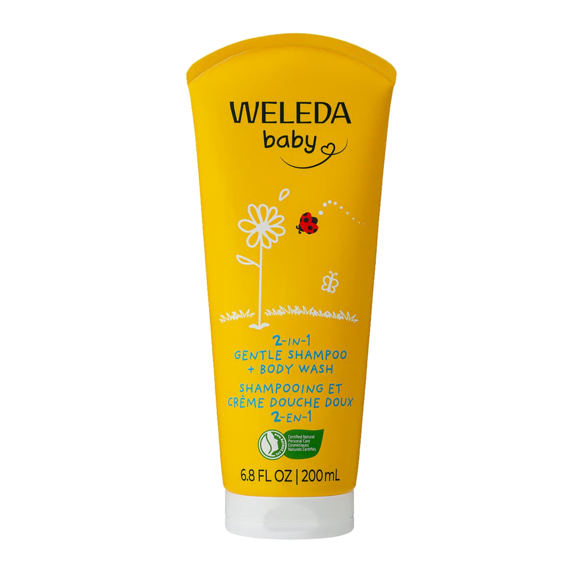 Front view of Weleda Calendula Baby Shampoo and Body Wash tube with 2-in-1 formula and 6.8 fl oz size on white background