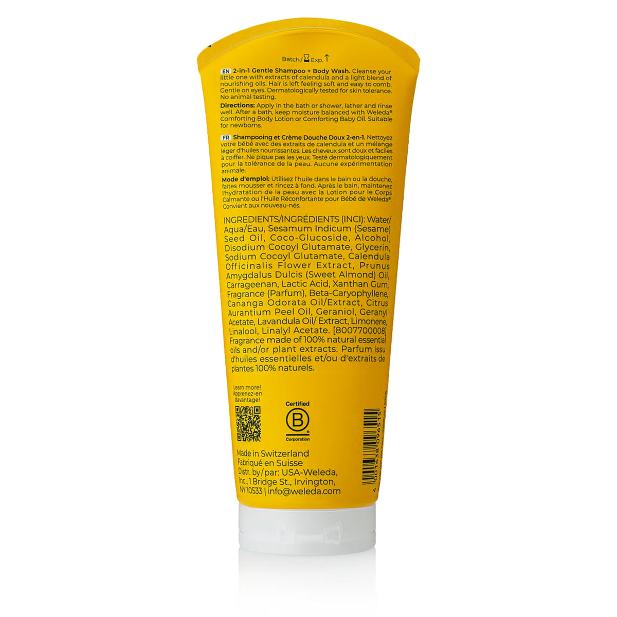 Back view of Weleda Calendula Baby Shampoo and Body Wash tube showing the ingredient list on a white background