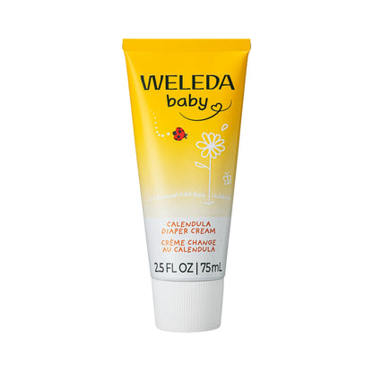 Front view of yellow Weleda Calendula Diaper Rash Cream tube with 2.5 fl oz 75 mL marking on white background