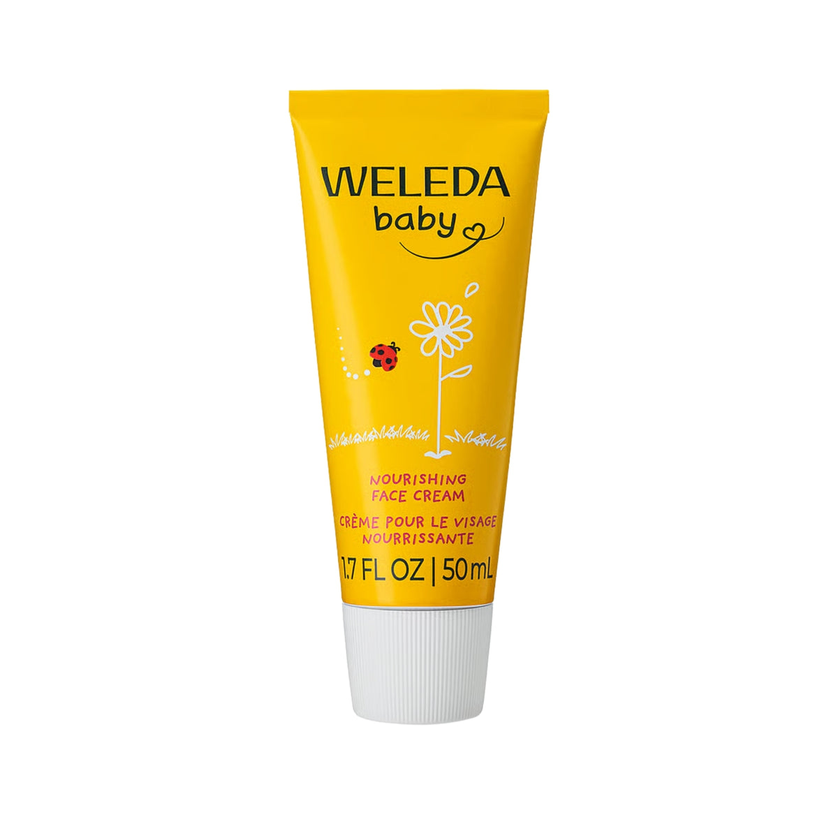 Front view of Weleda Baby Nourishing Face Cream tube with yellow packaging on a white background