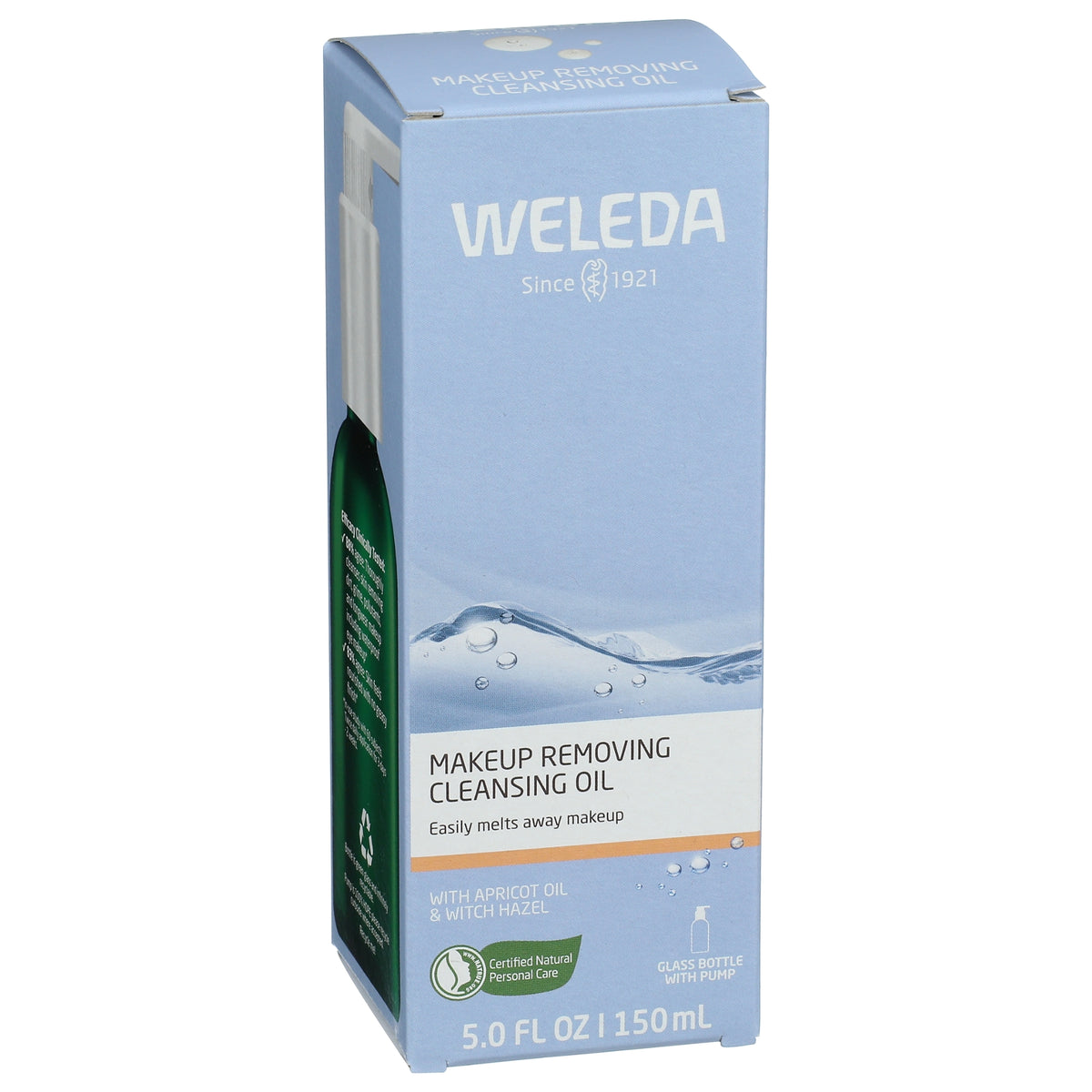 Three-quarter view of Weleda Makeup Removing Cleansing Oil box with apricot oil, witch hazel, and 5 fl oz size