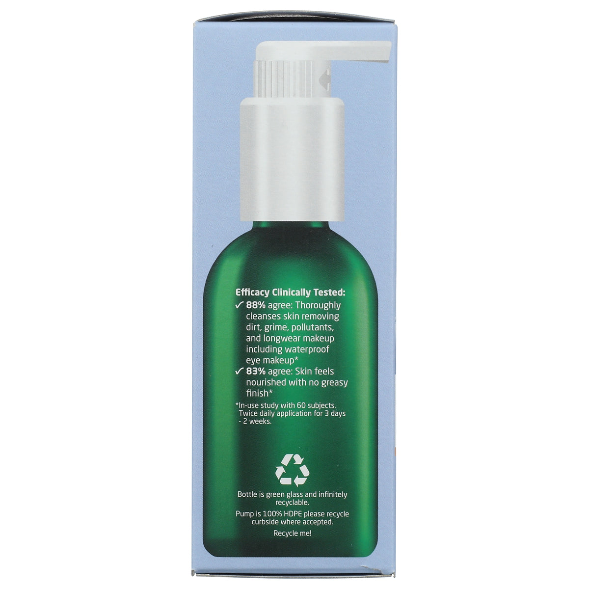 Back view of Weleda Makeup Removing Cleansing Oil bottle showcasing efficacy claims and recyclable packaging