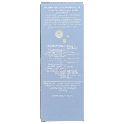 Rear view of Weleda Makeup Removing Cleansing Oil package showing ingredients and usage instructions on a blue panel