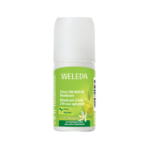 Front view of Weleda Roll-On Citrus 24h Deodorant showcasing its green label and white bottle on a white background