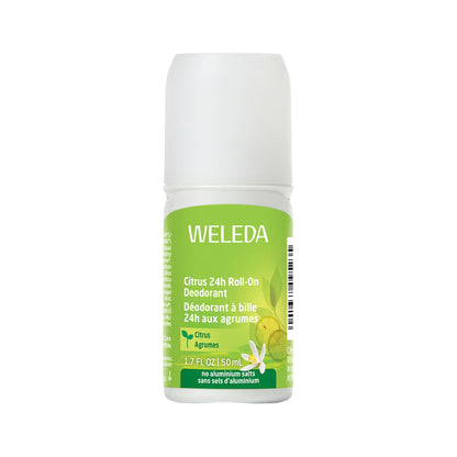 Front view of Weleda Roll-On Citrus 24h Deodorant showcasing its green label and white bottle on a white background