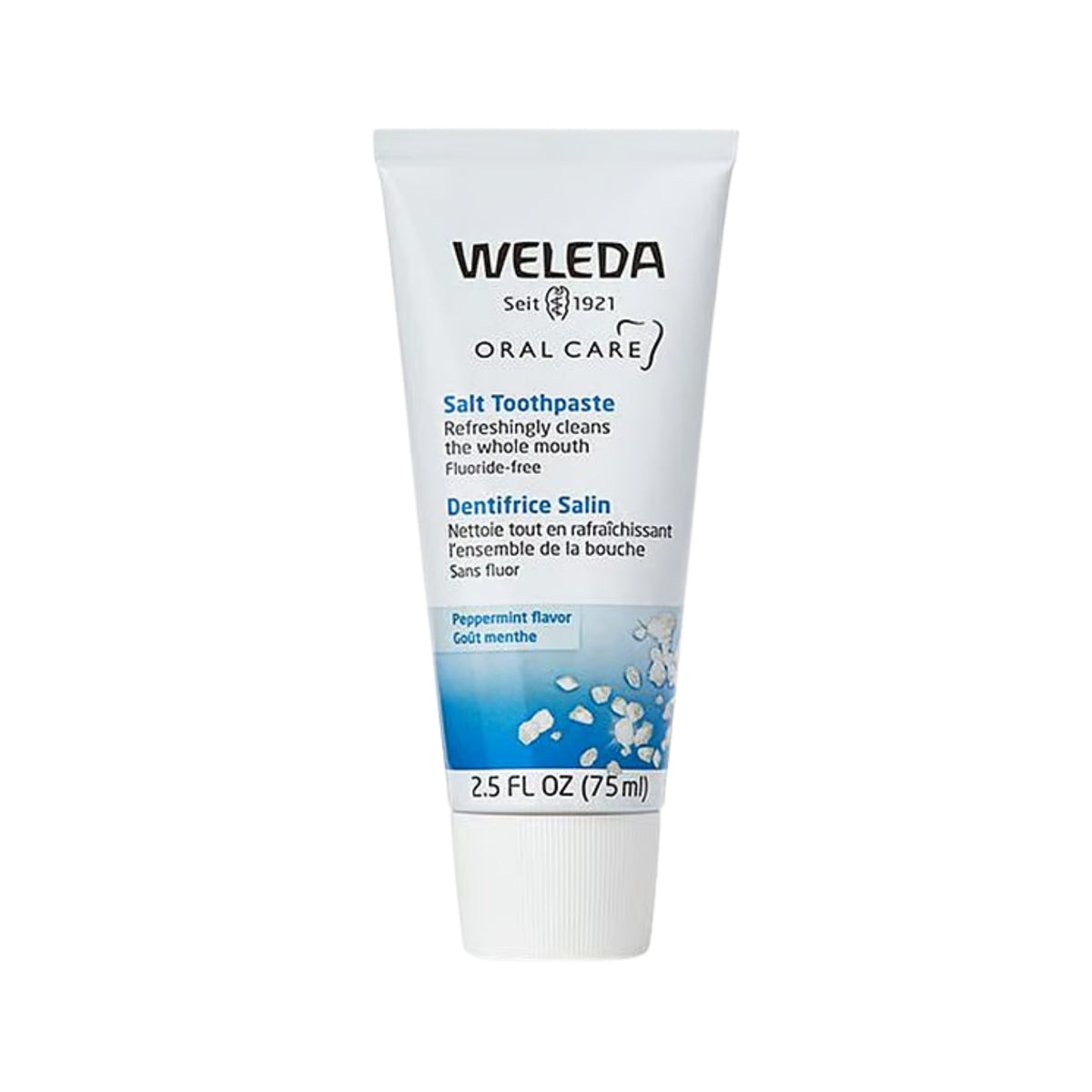 Front view of Weleda Salt Toothpaste tube showcasing peppermint flavor and fluoride-free formula on a white background