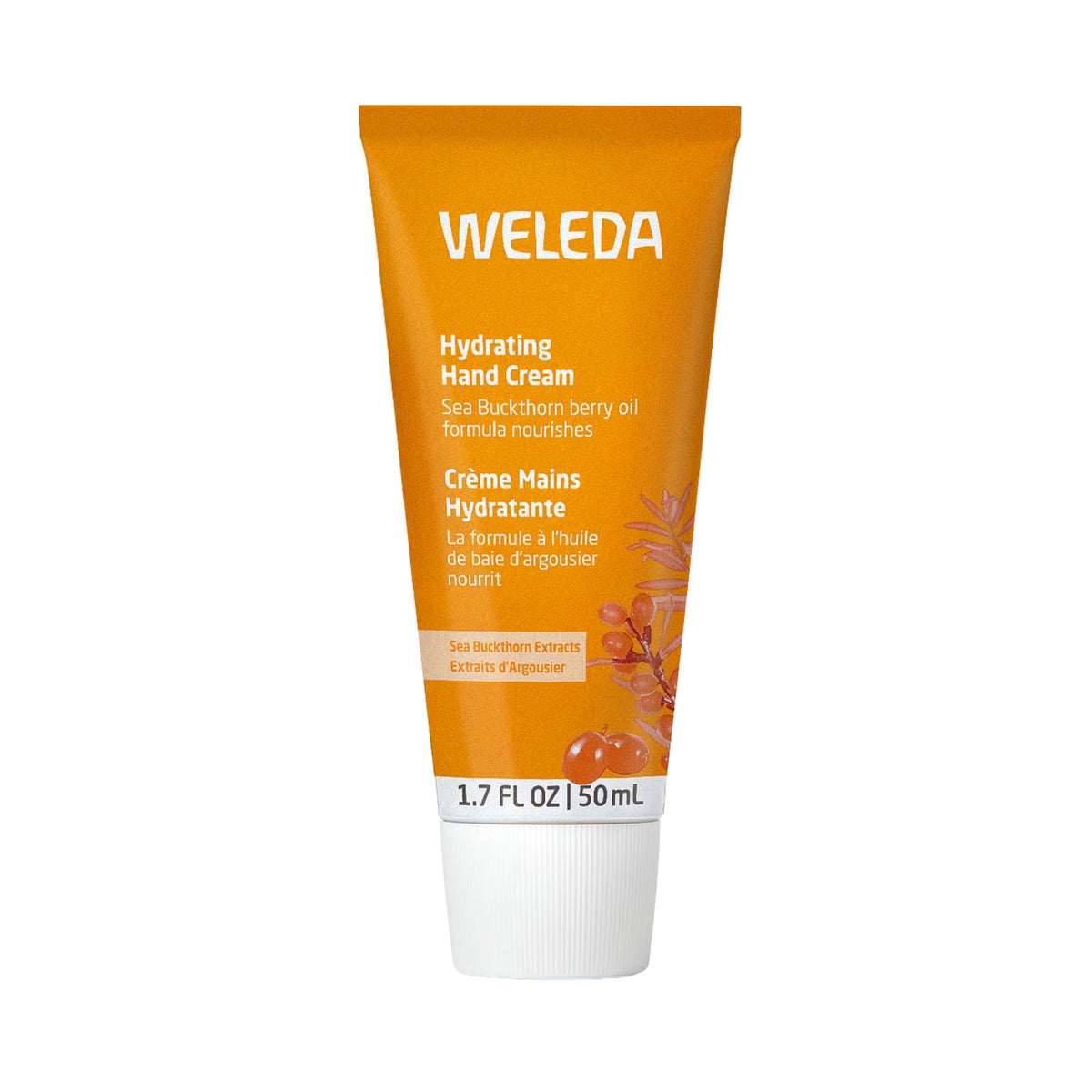 Front view of Weleda Sea Buckthorn Hand Cream in an orange tube with hydrating hand cream label on white background