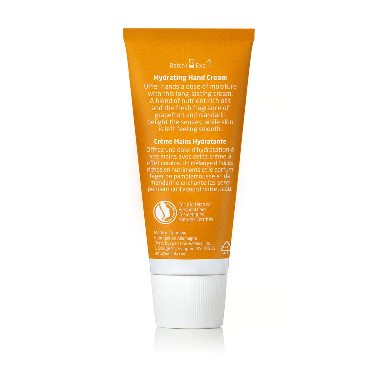Back view of Weleda Sea Buckthorn Hand Cream tube showcasing orange packaging and white cap against a white background