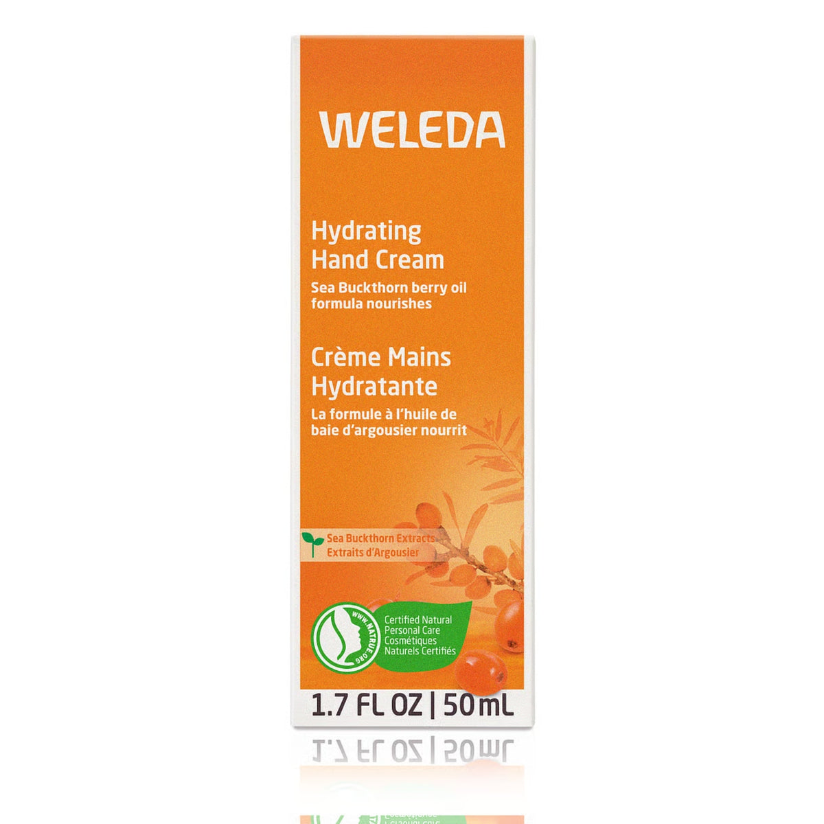 Front view of Weleda Sea Buckthorn Hand Cream showcasing orange packaging and 1.7 fl oz 50 ml size with white background