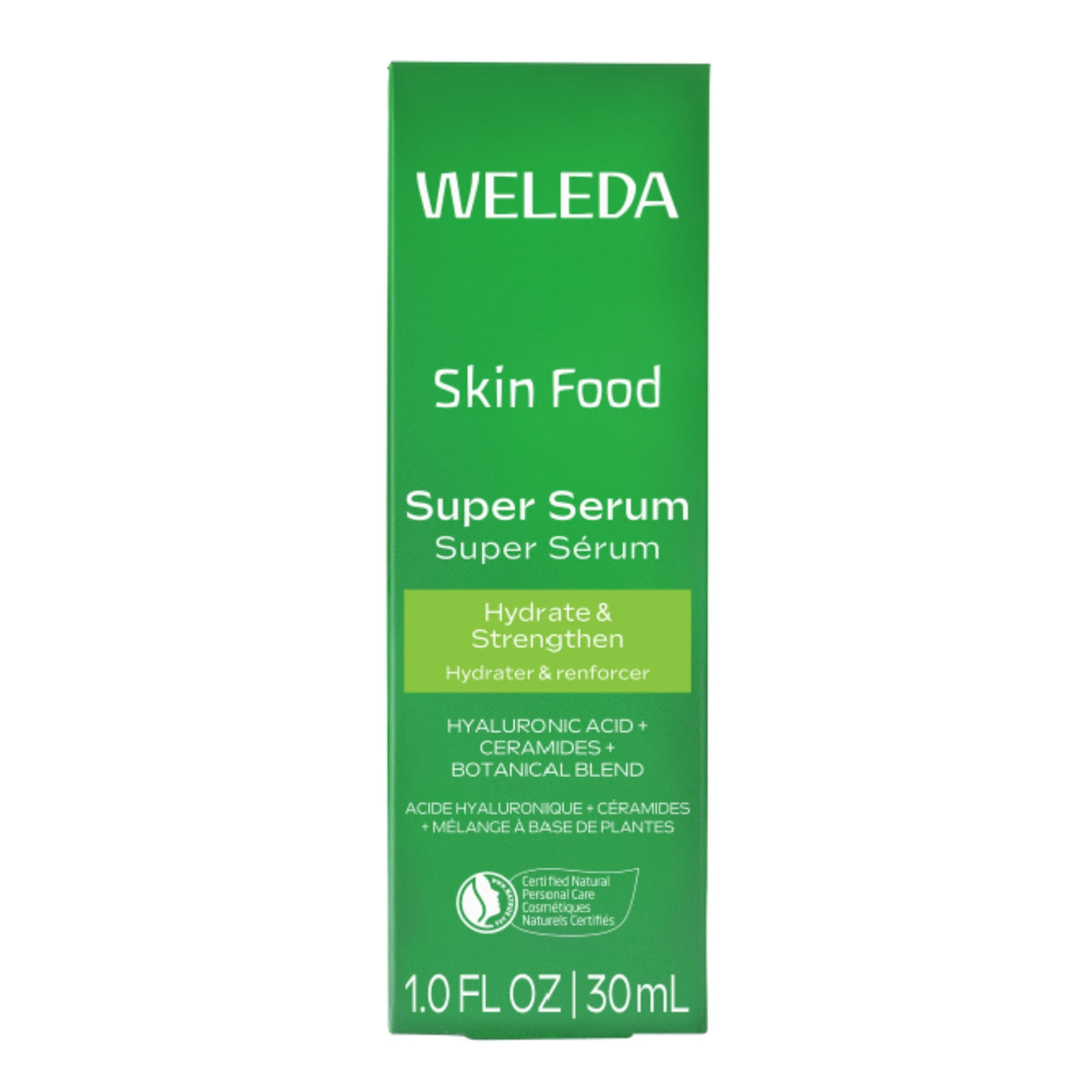 Front view of Weleda Skin Food Super Serum box showcasing green packaging and 30 ml size on a white background