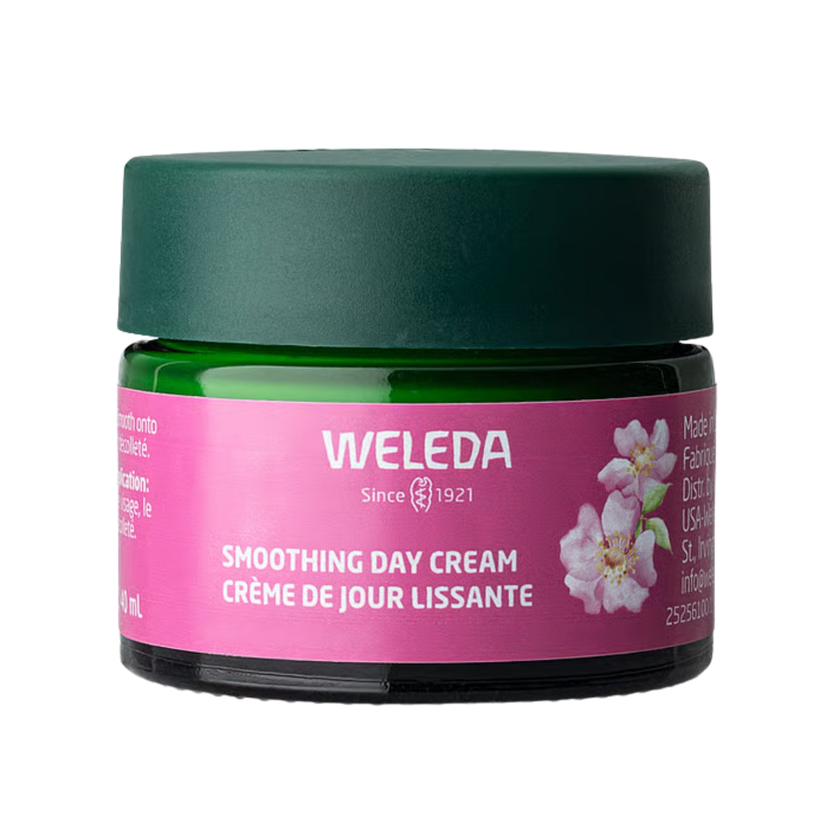 Front view of Weleda Smoothing Day Cream jar showcasing pink floral label and dark green lid on a white background