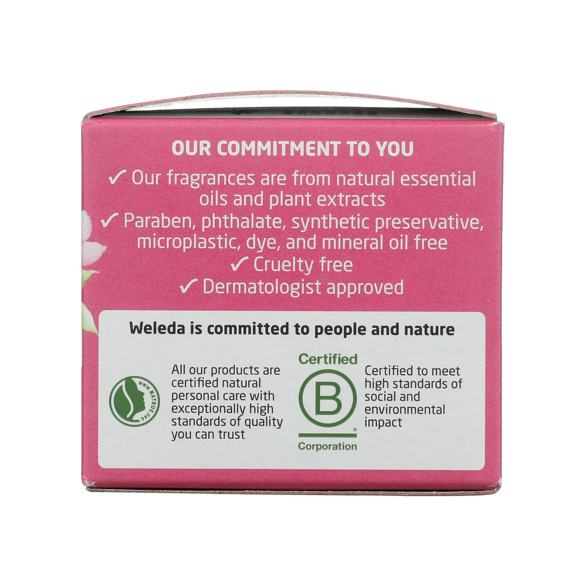Back of Weleda Smoothing Day Cream box showing Our commitment to you and natural, cruelty-free, dermatologist-approved claims
