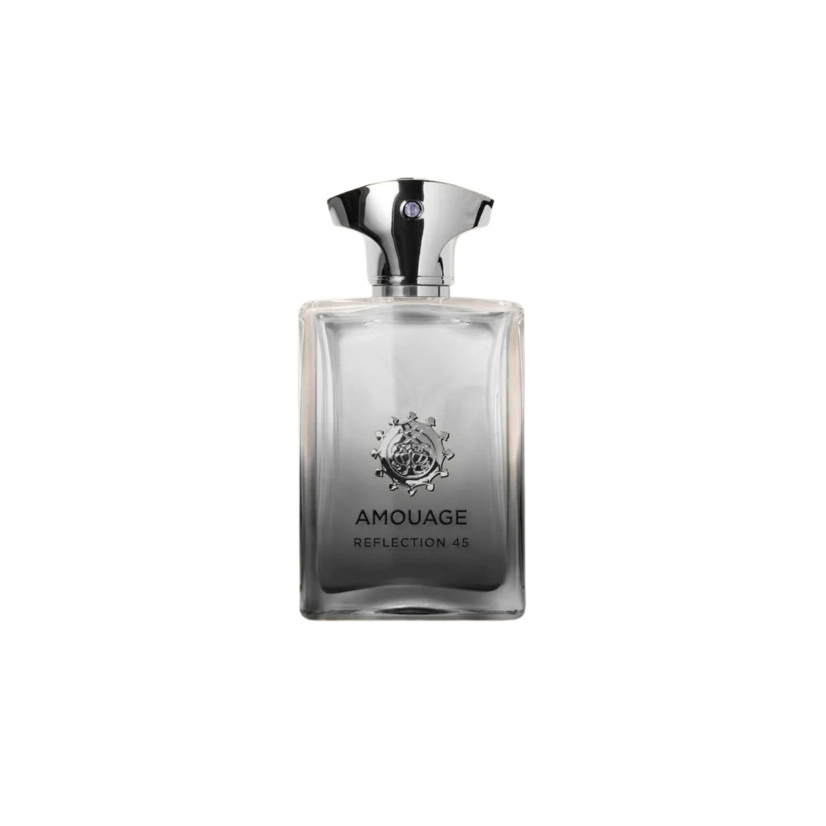 Front view of Amouage Reflection 45 Man Exceptional Extrait perfume bottle with black cap on a white background
