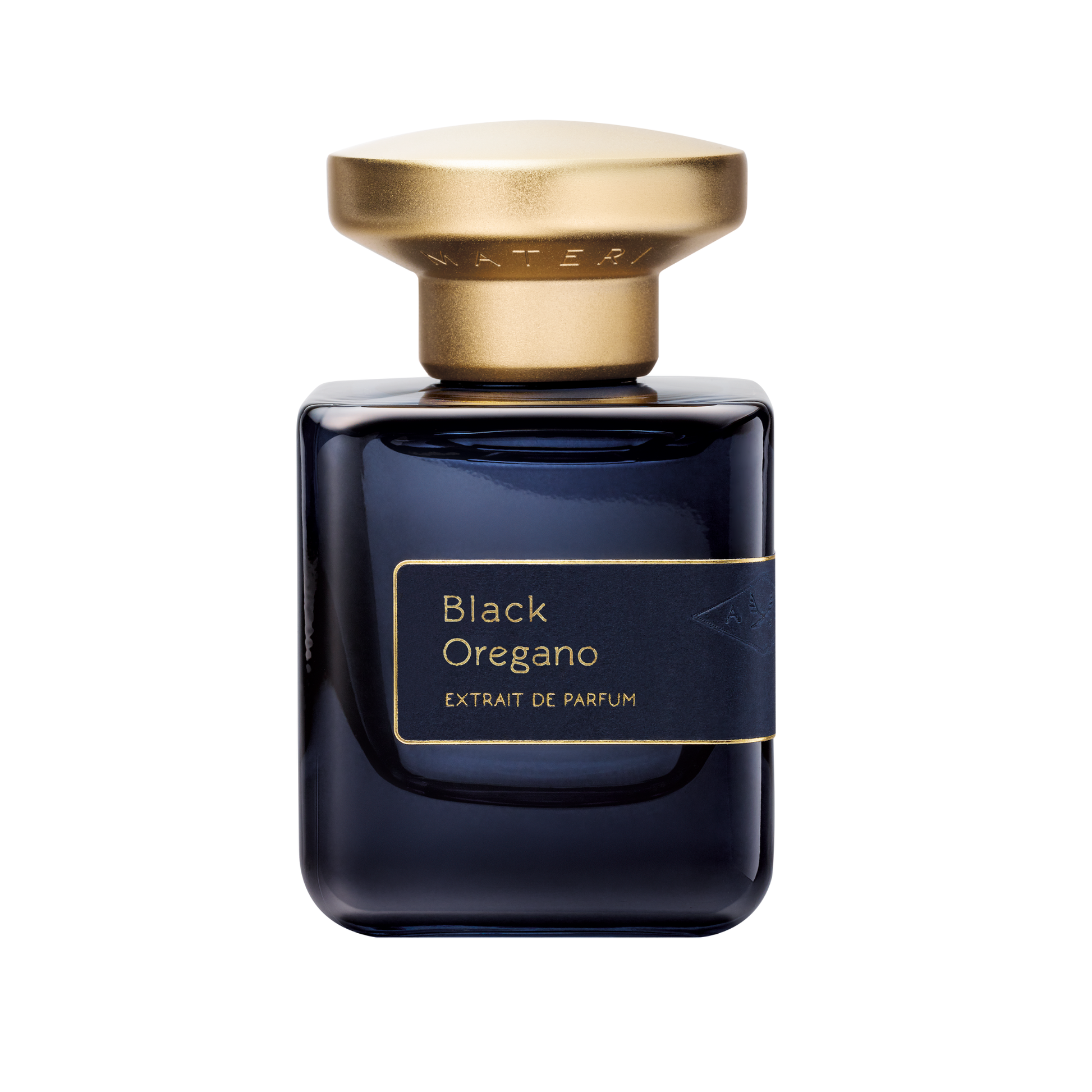Primary Image of Black Oregano Extrait de Parfum. dark perfume bottle with gold cap