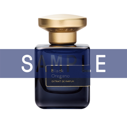 Primary Image of Sample  - Black Oregano Extrait de Parfum, dark perfume bottle with gold cap and sample written over