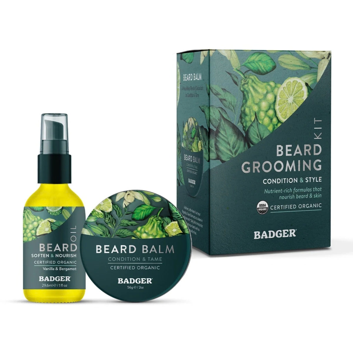 Primary Image of Holiday Beard Grooming Kit, green box and tin with bottle with green label