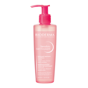 Front view of Bioderma Sensibio Foaming Gel Cleanser showcasing its pink pump bottle on a white background
